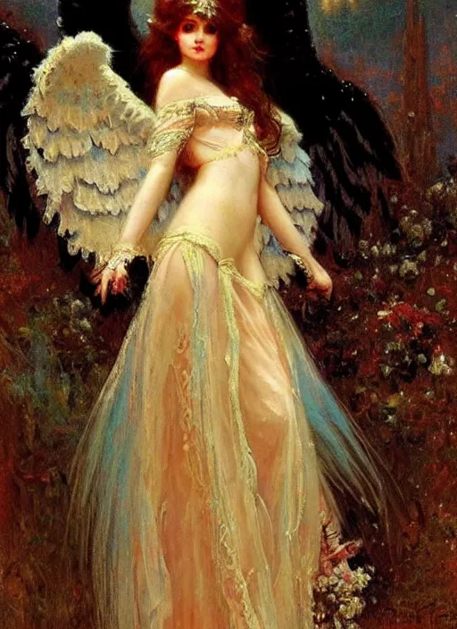 Image similar to vertical prtrait of an angel knight gothic girl, baroque dress. by gaston bussiere