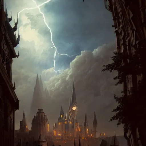 Image similar to gandalf casts a lightningbolt, dramatic light, castle background, clouds, moon, storm, night, high detail, fantasy background, painted by greg rutkowski, digital art, trending on artstation