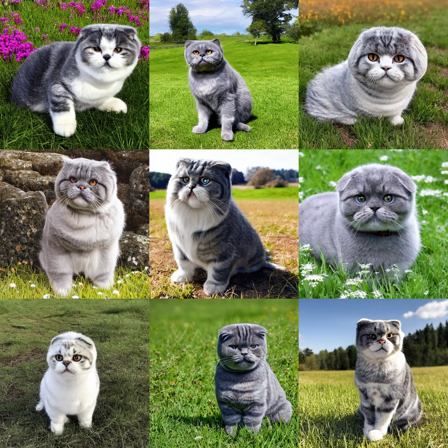 Prompt: granite scottish fold sitting in the middle of sunny meadow