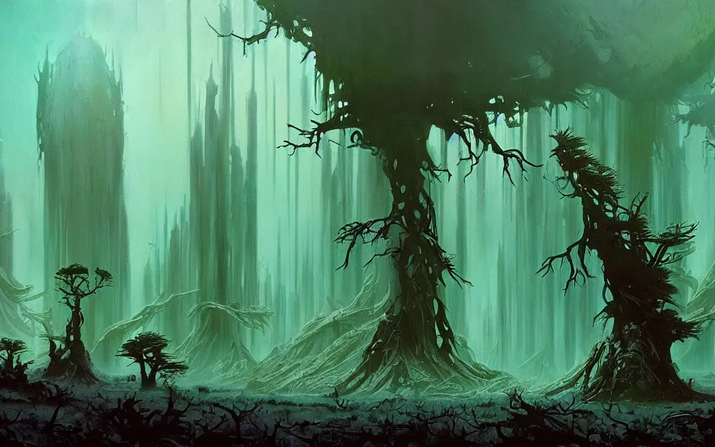 Prompt: a beautiful highly detailed matte painting of an alien planet with giant dead and intricate trees with crystals made of jade in a desolate forest with teal colors by Phil Hale concept art