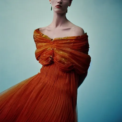 Image similar to Fashion photography of a woman wearing a dress inspired by a jellyfish, artistic photography, insanely detailed, chiaroscuro, cinestill 800t, Vogue magazine