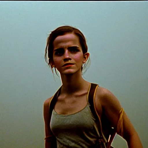 Prompt: film still, close up, portrait, emma watson soldier hiking through dense vietnam, fires in background, thick black smoke, associated press, award winning, film still from apocalypse now ( 1 9 7 9 ), 2 6 mm, kodak ektachrome, blue tint ektachrome film,