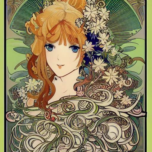 Image similar to anime manga closeup floral detailed highres 4k intricate nature comic patterns vector illustration style by Alphonse Mucha and James Jean pop art nouveau