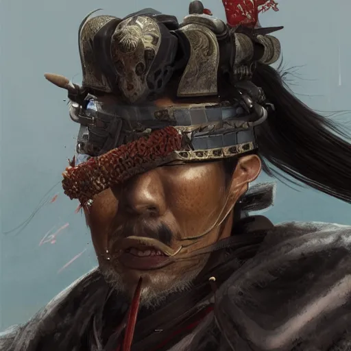 Image similar to Portrait of Sickly diseased dying Samurai warrior wielding a katana, by Feng Zhu, highly detailed, excellent composition, cinematic concept art, dramatic lighting, trending on ArtStation