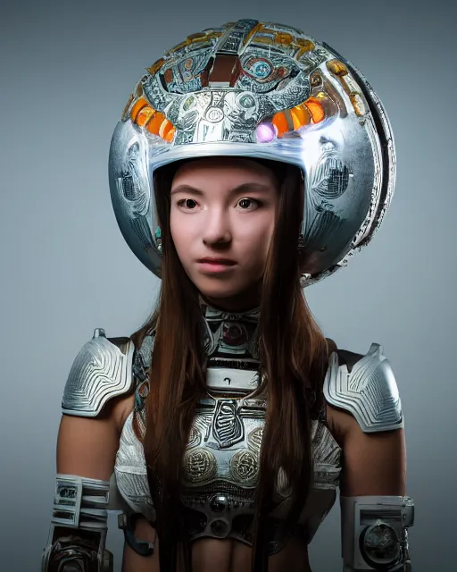 Image similar to centered medium shot fine studio photograph of a young woman wearing only a white solarpunk mecha Mayan helmet with bright lights, ultra-realistic, white background, 8k HDR sunset lit, intricate