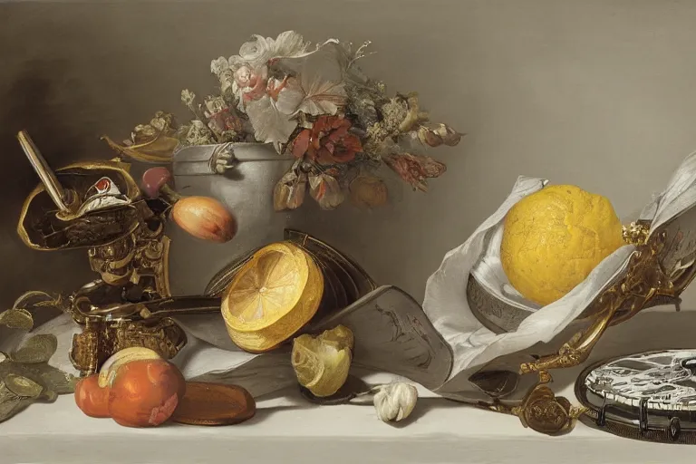 Prompt: a vanitas painting by clara peeters and pieter claesz, depicting an NVIDIA RTX A100 GPU, graphics card, computer parts, GPU shot etched