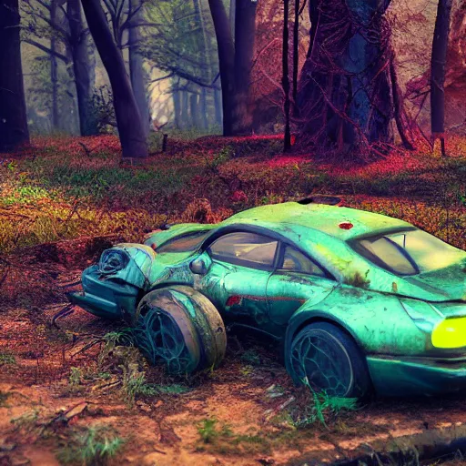 Prompt: abandoned car in the woods, colorful, cyberpunk, dirty, octane render, substance painter, zbrush, trending on artstation, 8K, highly detailed.