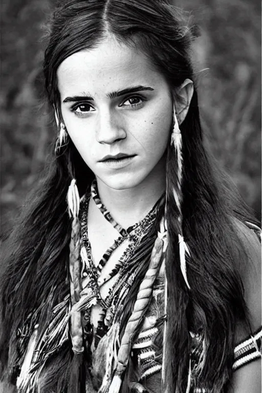 Image similar to “Photo of Native American indian woman Emma Watson, portrait, skilled warrior of the Apache, ancient, realistic, detailed, emma watson”