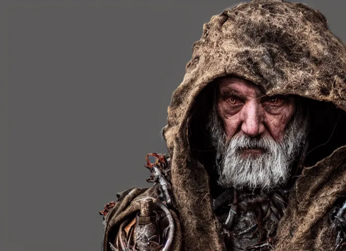 Prompt: character and environment photography, portrait 5 0 - year - old male druid, biomechanical eye!!!, tattered hood and robe, infested bear standing, medium shot, wide angle, 2 0 0 px, low key