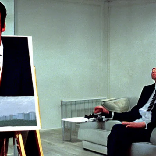 Prompt: Emmanuel Macron painting Paris in American Psycho (1999)