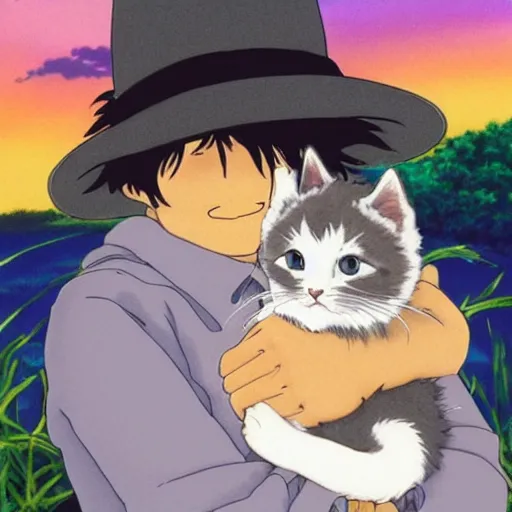 Prompt: art by studio ghibli of a baby kitten wearing a cowboyhat hugging a cat