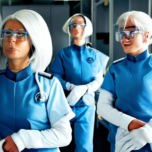 Prompt: line of derpy women with white hair, tight light blue neopren space uniforms, futuristic chemistry lab, sci - fi, highly detailed, cinematic