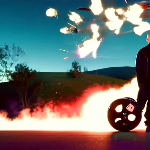 Image similar to Wide angle photo of walter white on a hoverboard with an exploding car behind him, color, cinematic lighting