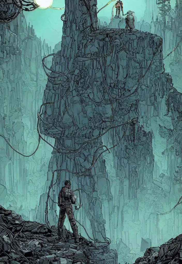 Prompt: A comic book cover of an android soldier with back to the camera, in a forest made of crystal, looking across a vast chasm and old rope bridge. On the mountain facing him is a crystal temple with a tower glowing in the fog