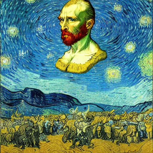 Prompt: A rendition of Vitruvians by Vinci but designed by Van Gogh doing space retreat, portrait, elegant, intricate, digital painting, concept art, sharp focus, illustration