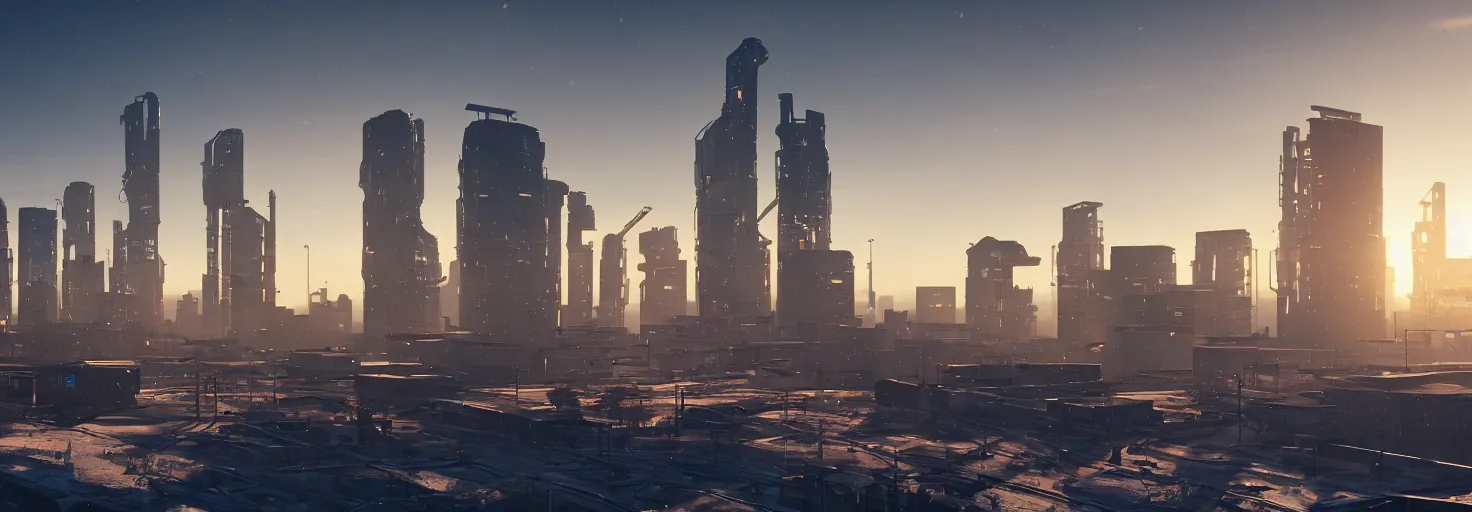 Prompt: modern corporate concrete and glass towers and industrial buildings on a cold, snowy hill at sunrise, light reflecting off windows, Octane render, Concept art, cyberpunk 2077.