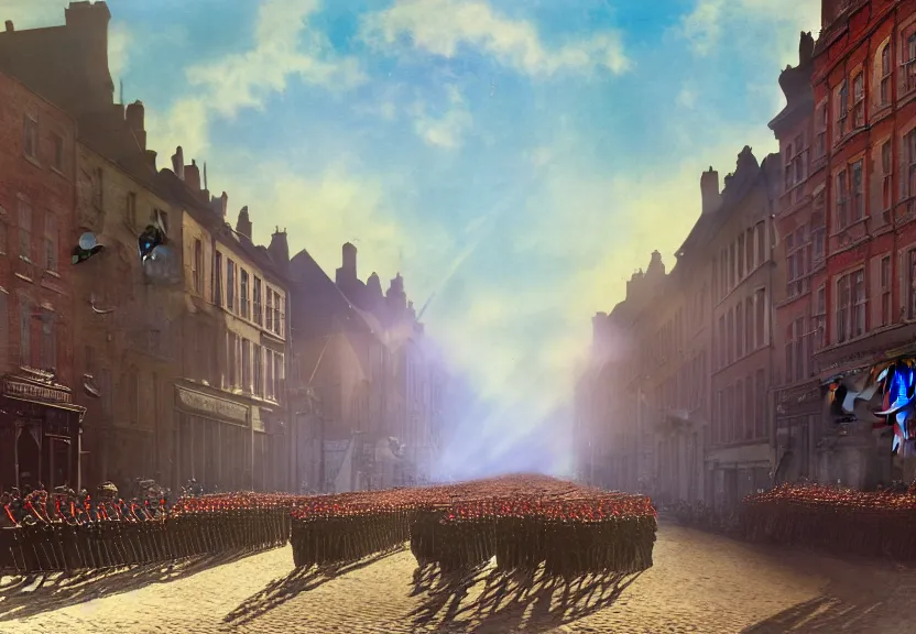 Image similar to a wwi army parade down a town street, first world war, british, blue sky, 2 0 th century, sunny, detailed, volumetric, cinematic lighting, realistic, digital art