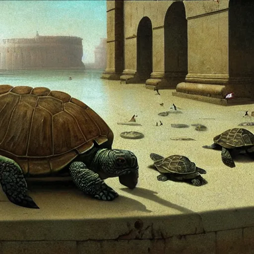 Prompt: turtles in ruined city of Atlantis , by Michael Sowa