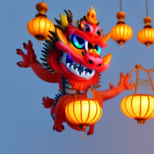 Prompt: cute baby chinese dragon surrounded by lanterns, colorful detailed photo realistic 3d pixar render 4k, trending on artstation