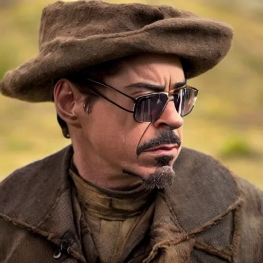 Image similar to robert downey jr as an african american character in a war movie, cinematic still