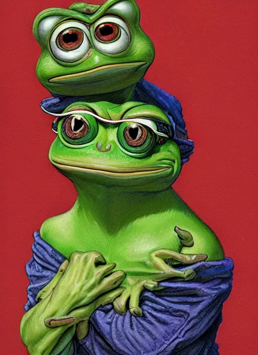 Image similar to portrait of Pepe the Frog, highly detailed, centered, solid color background, digital painting, artstation, concept art, smooth, sharp focus, vintage grainy 1970s illustration, Basil Gogos, donato giancola, Joseph Christian Leyendecker, Les Edwards, Ed Repka, Wayne Barlowe,