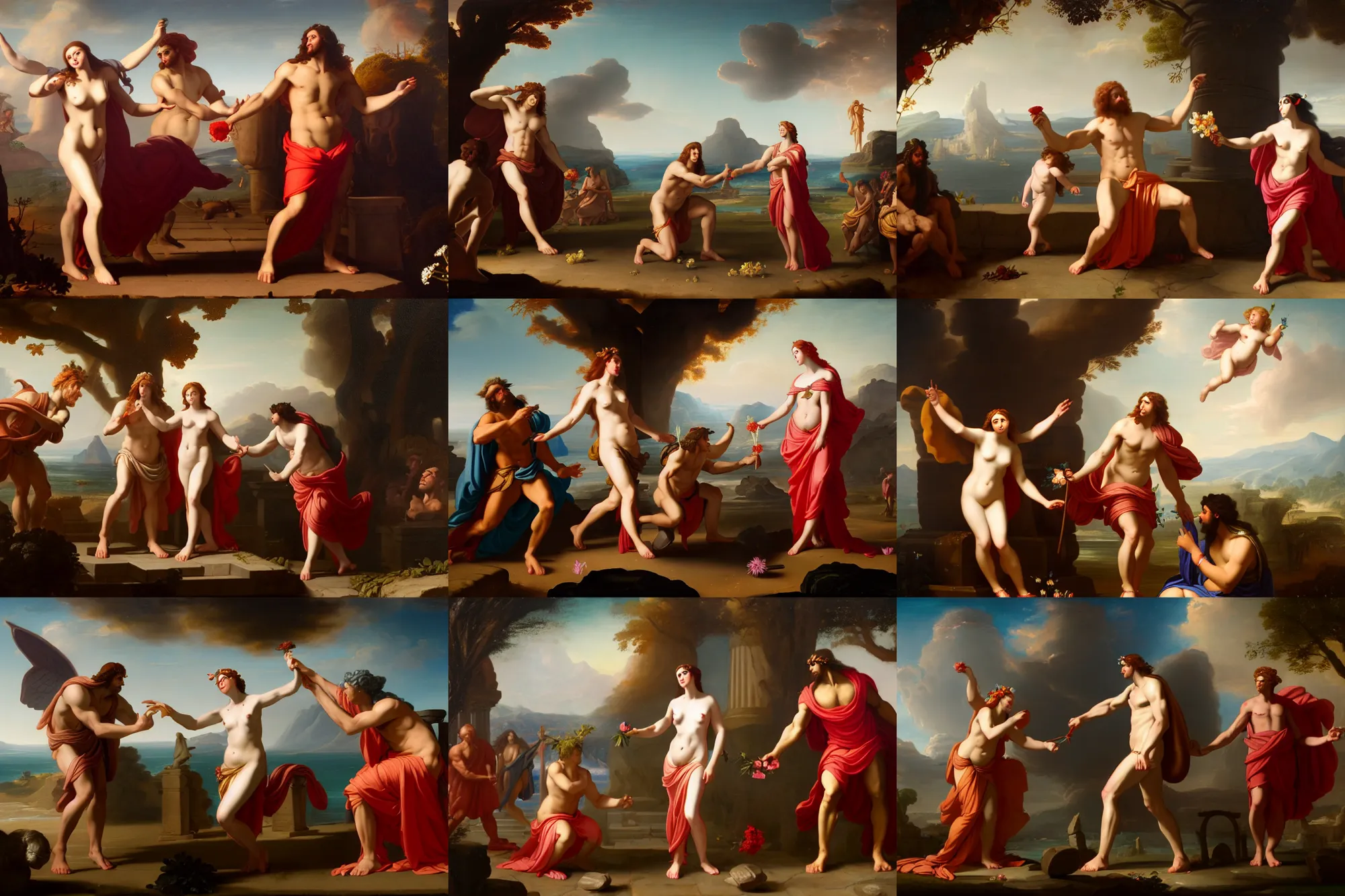 Prompt: angry aphrodite watches ares giving flowers to confused hades, greek mythology, safe for work, oil reinassance painting by cornelis van poelenburgh and dosso dossi, ultra detailed, concept art, 8 k