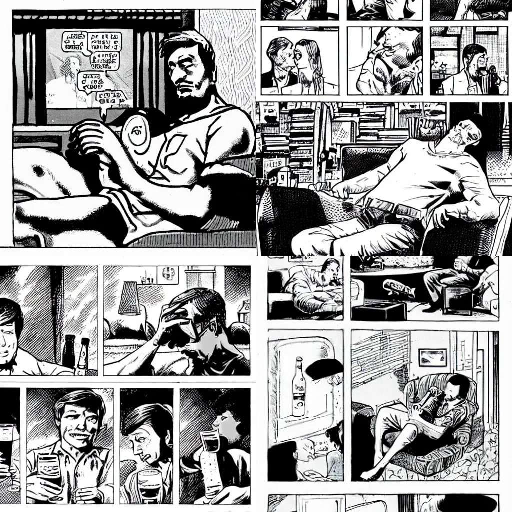 Image similar to a guy sitting on the sofa drinking many beers, Stray Bullets comic