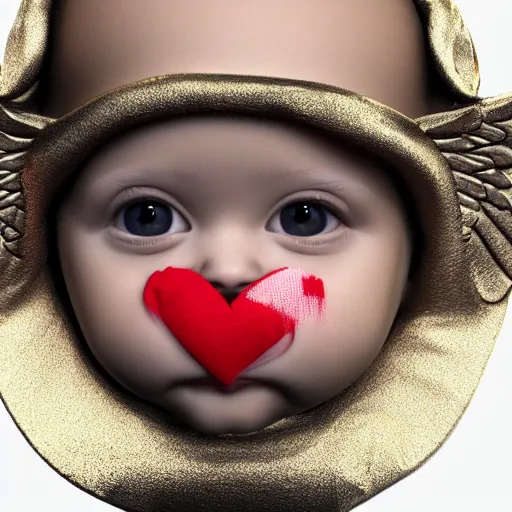 Image similar to a high tech 3 d rendering of a a baby cherub angel wearing a balaclava mask, ski mask, face covered, covered face, fixed eyes, gucci, supreme, chanel, tattoos, multiple gold cuban chain necklace, graffiti in background, cinema 4 d render