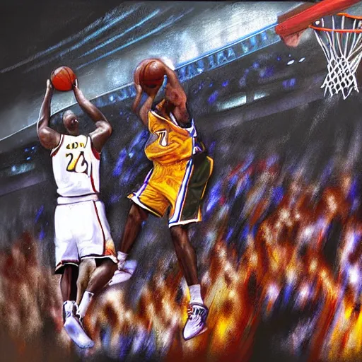 Image similar to a hyperdetailed digital oil painting of Kobe Bryant shooting on the basketball court in the 2010 Finals in the style of Guy Denning and Ruan Jia. Trending on ArtStation and DeviantArt. Digital art