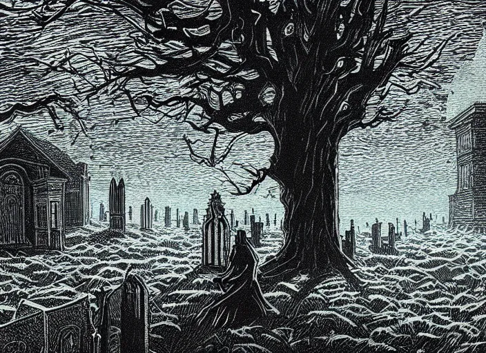 Image similar to two tone woodcut print, ghost in graveyard at midnight by greg rutkowski, fine details, highly detailed