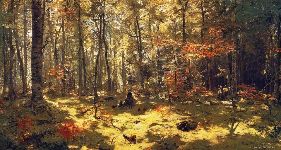 Prompt: sunny birch forest, hemlocks, mushrooms, intricate, vivid colors, elegant, highly detailed, ivan shishkin, john park, frazetta, john howe, ruan jia, jeffrey catherine jones