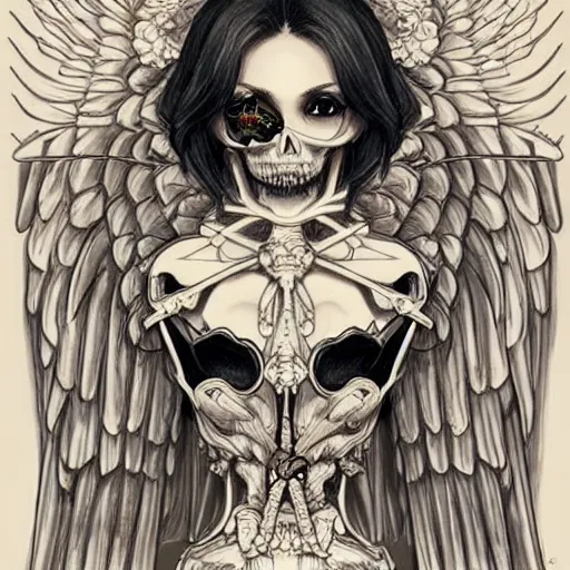 Image similar to anime manga skull portrait young woman with wings, angel halo, skeleton, intricate, elegant, highly detailed, digital art, ffffound, art by JC Leyendecker and sachin teng