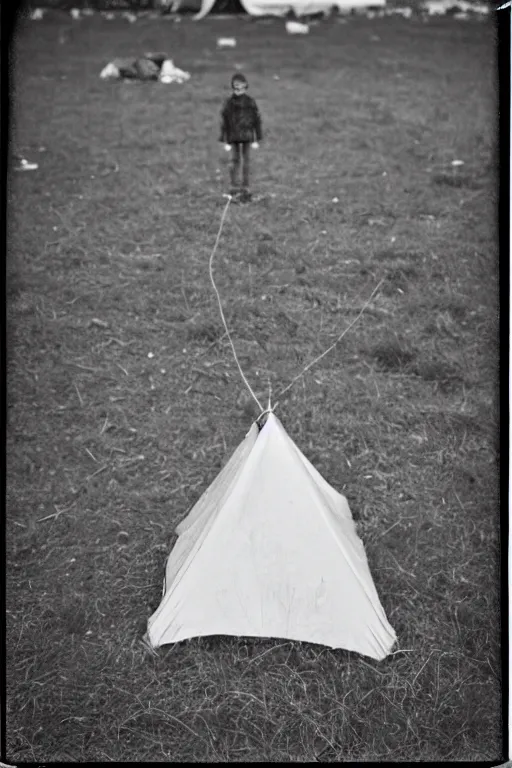 Image similar to photo polaroid of a sad and lonely child stands in the middle many big tents of field hospitals, pandemic, covid,loneliness, black and white ,photorealistic, 35mm film,