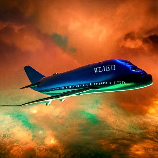 Prompt: dreamlike film photography of a 1880s art nouveau Boeing 747 made of copper at night underwater in front of colourful underwater clouds by Kim Keever. In the foreground floats a seasnake. low shutter speed, 35mm