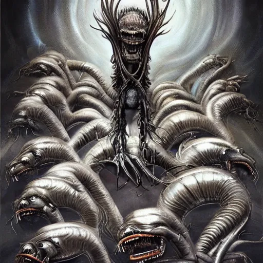 Prompt: beautiful painting of a beastly mad scientist surrounded by animalesque screaming chimeras in the style of Welder Wings and H. R. Giger. Dark background, detailed, trending on Artstation