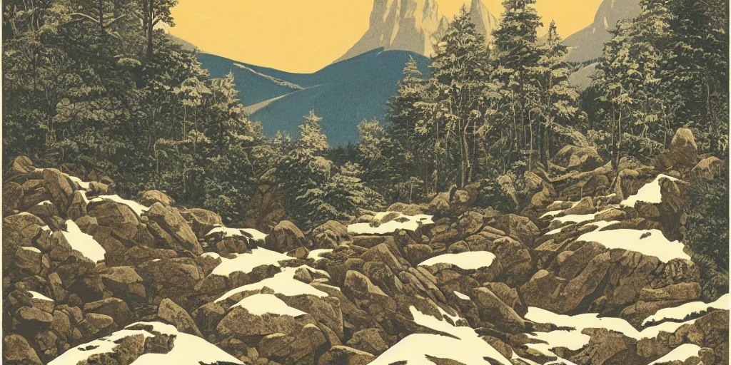 Prompt: beautiful idyllic poster illustration for a craggy snow valley national park, no trees, by ludwig hohlwein