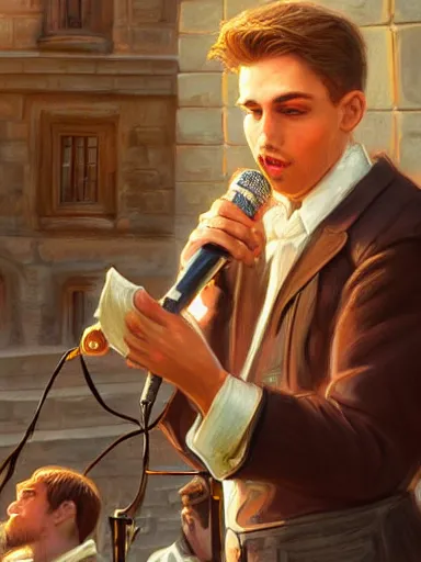 Image similar to a young handsome man, singing in a public square. intricate, elegant, highly detailed, digital painting, artstation, concept art, sharp focus, illustration, by justin gerard and artgerm, 8 k