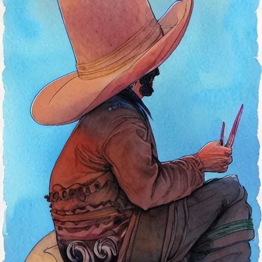 Image similar to a 3 / 4 view watercolor ink painting of an man sits and upper him old mexican magician closes his eyes, in the style of jean giraud in the style of moebius trending on artstation deviantart pinterest detailed realistic hd 8 k high resolution