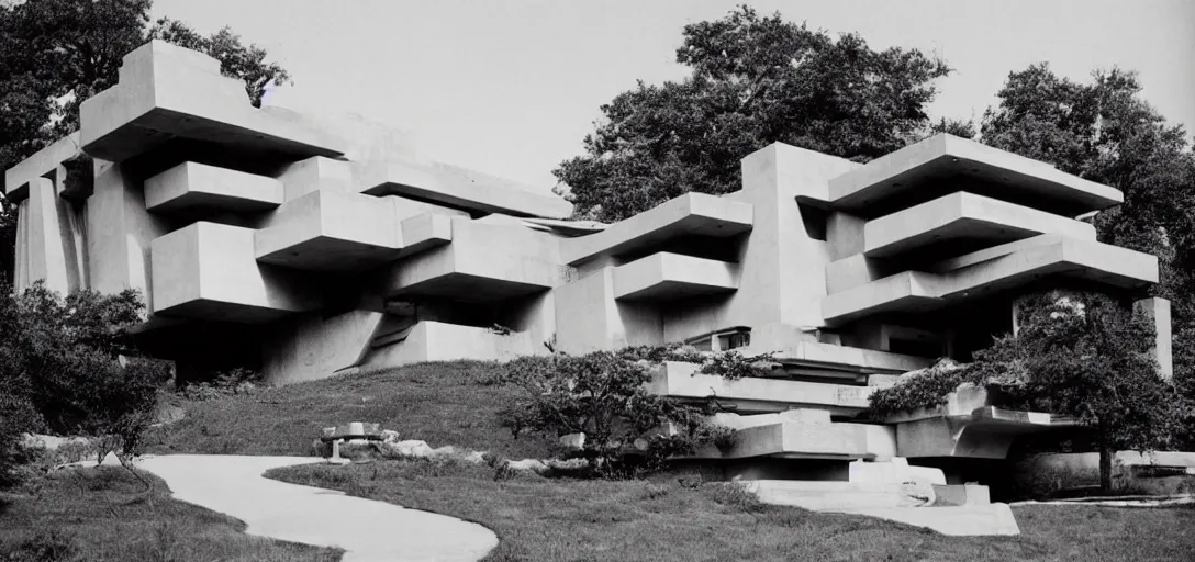 Image similar to dystopian house by frank lloyd wright. photograph by helmut newton.