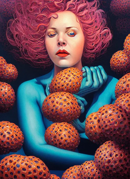 Prompt: hyper detailed Oil painting - Ramona Flowers Eats of the Strangling Fruit and Her gossamer polyp blossoms bring iridescent fungal flowers whose spores black the foolish stars by Jacek Yerka, Mariusz Lewandowski, Abstract brush strokes, Masterpiece, Edward Hopper and James Gilleard, Zdzislaw Beksinski, Mark Ryden, Wolfgang Lettl, hints of Yayoi Kasuma