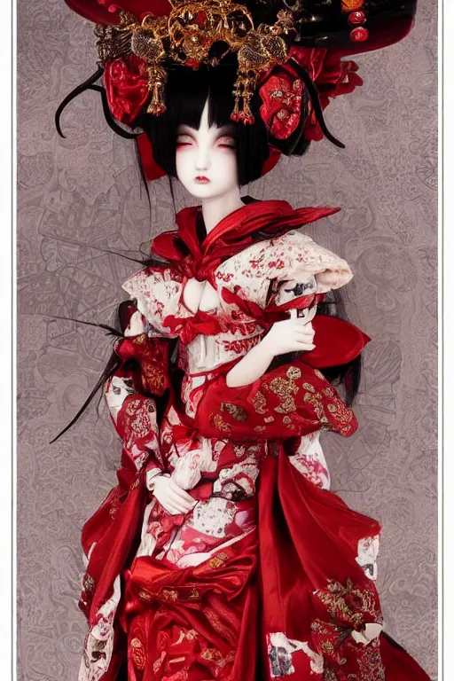 Image similar to album cover of an avant - garde japanese bjd geisha vampire queen with porcelain skin in victorian red dress in the style of dark - fantasy lolita fashion painted by yoshitaka amano, takato yamamoto, christopher shy, dmt art, symmetrical vogue face portrait, intricate detail, artstation, cgsociety, artgerm, gold skulls, rococo