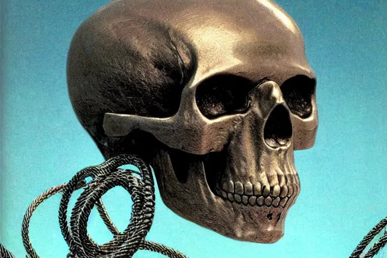 Prompt: metallic skull atop pile of coiled steel cable, style by caspar david friedrich and wayne barlowe and ted nasmith.