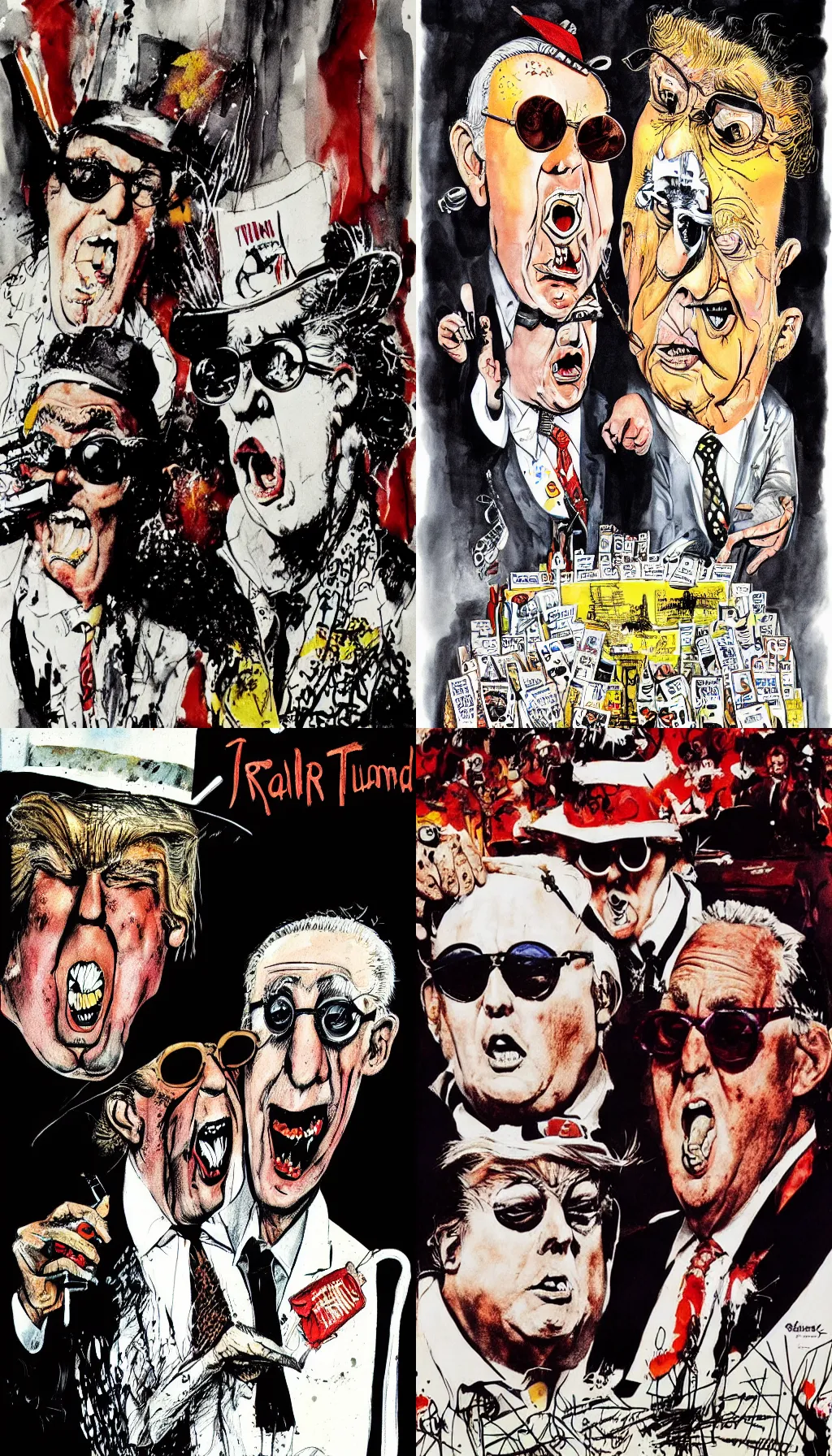 Prompt: ralph steadman illustration of donald trump and roger stone on the poster of fear and loathing in las vegas, panting, film grain, surreal