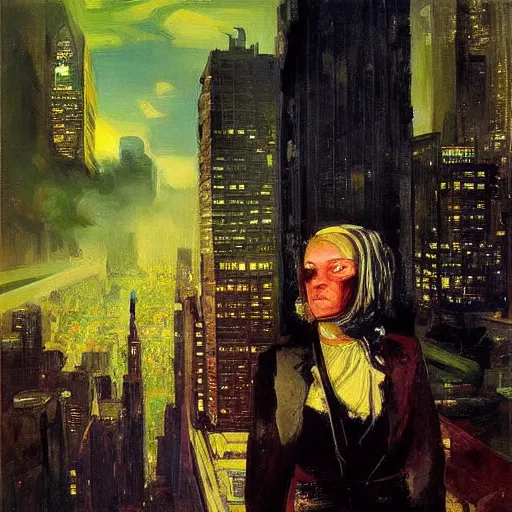 Image similar to “ a girl!!!!!! looking down at a futuristic new york city below, ghostpunk, very detailed, high quality, oil painting, by george bellows ”