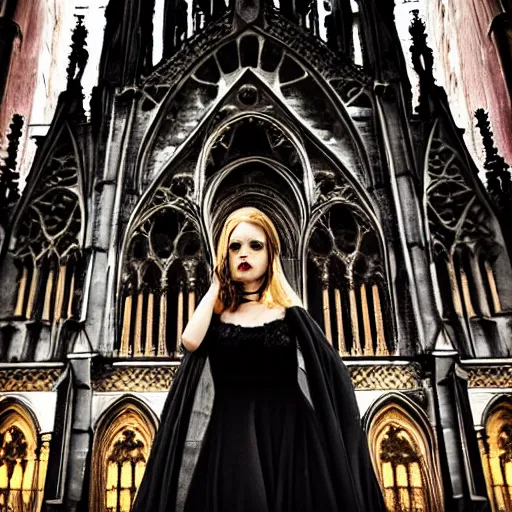 Prompt: 1 8 mm gothic girl dressed in black, behind her a gothic cathedral, dark ambients, the windows of the cathedral are reflecting red flame lights, golden hour, detailed face, intricate ornaments