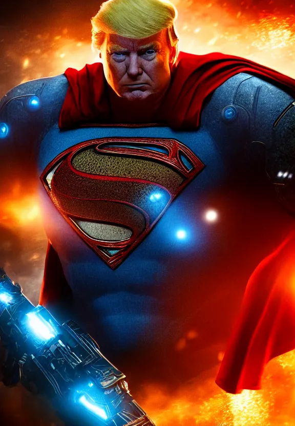 Image similar to Portrait of Donald Trump as superman in Gears of War, splash art, movie still, cinematic lighting, dramatic, octane render, long lens, shallow depth of field, bokeh, anamorphic lens flare, 8k, hyper detailed, 35mm film grain