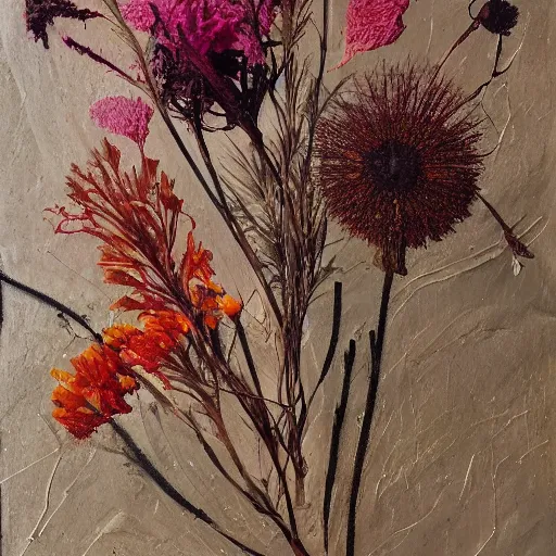 Prompt: still life aesthetic layout of dried wild flowers inside of the open envelope, oil on canvas