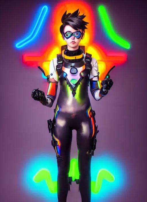 Prompt: full body overwatch style oil painting portrait of tracer overwatch, confident pose, full body, full body, wearing black jagged iridescent rainbow latex armor, rainbow, neon, 4 k, expressive surprised expression, makeup, wearing large rainbow neon choker, studio lighting, acid, trippy, black leather harness, expressive detailed face and eyes,