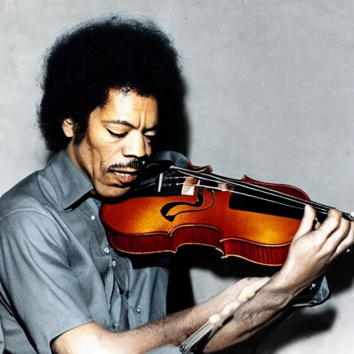 Prompt: a photograph of Jimi Hendrix playing the violin