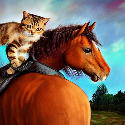 Image similar to a cat riding on a horses back, photorealistic art, high definition